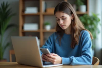 Jeune femme au bureau avec ordinateur et smartphone