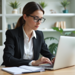 Femme concentrée travaillant sur un ordinateur dans un bureau moderne