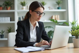 Femme concentrée travaillant sur un ordinateur dans un bureau moderne