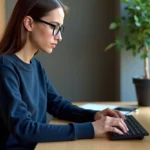Jeune femme au bureau tapant sur clavier ordinateur