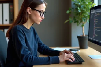 Jeune femme au bureau tapant sur clavier ordinateur