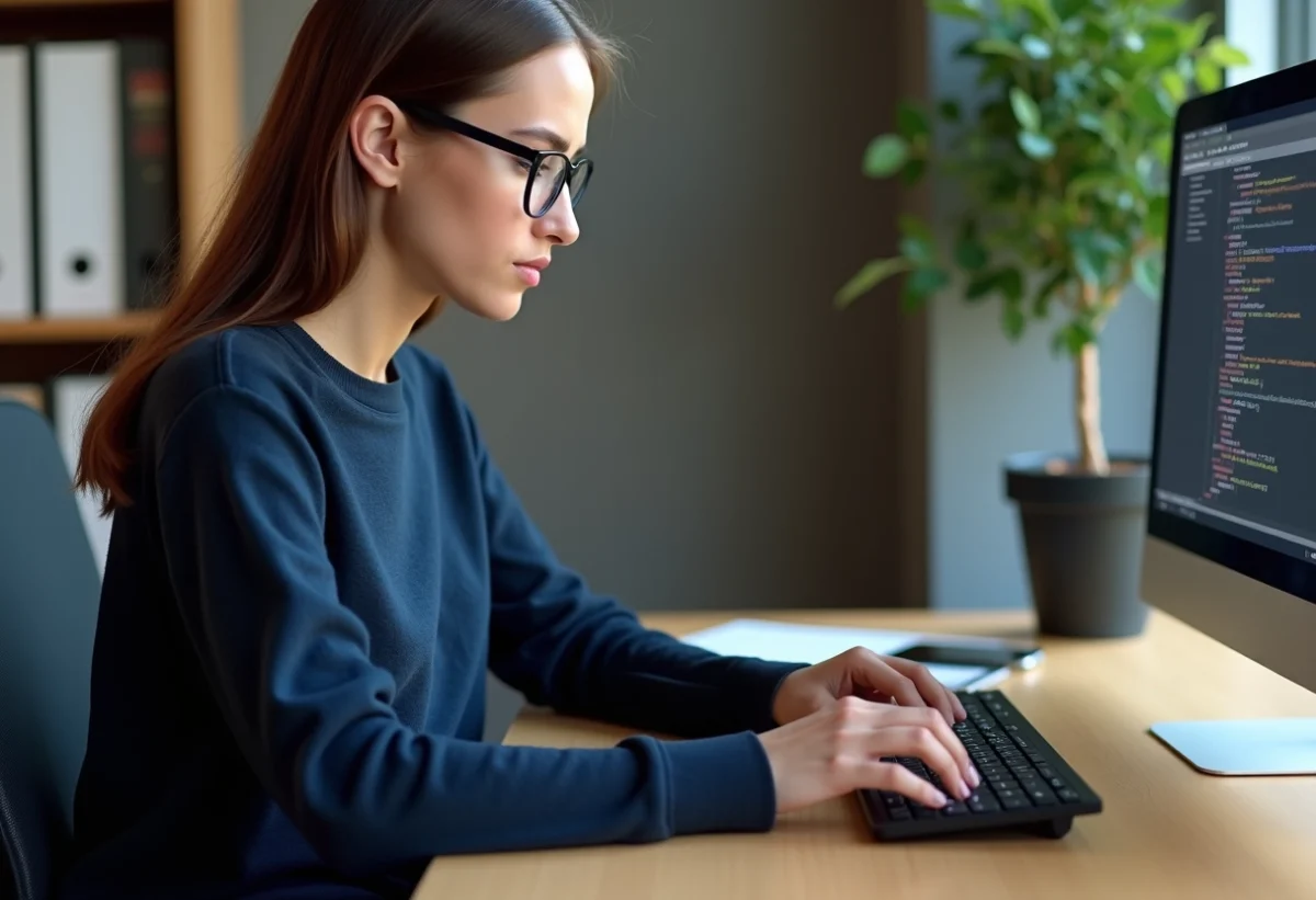 Jeune femme au bureau tapant sur clavier ordinateur