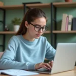 Jeune femme en bureau cosy regardant son ordinateur