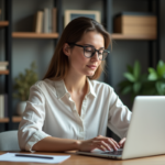 Femme concentrée travaillant sur son ordinateur dans un bureau moderne