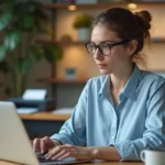 Femme au bureau moderne travaillant sur son ordinateur portable