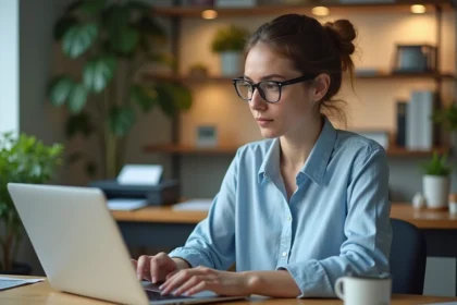 Femme au bureau moderne travaillant sur son ordinateur portable