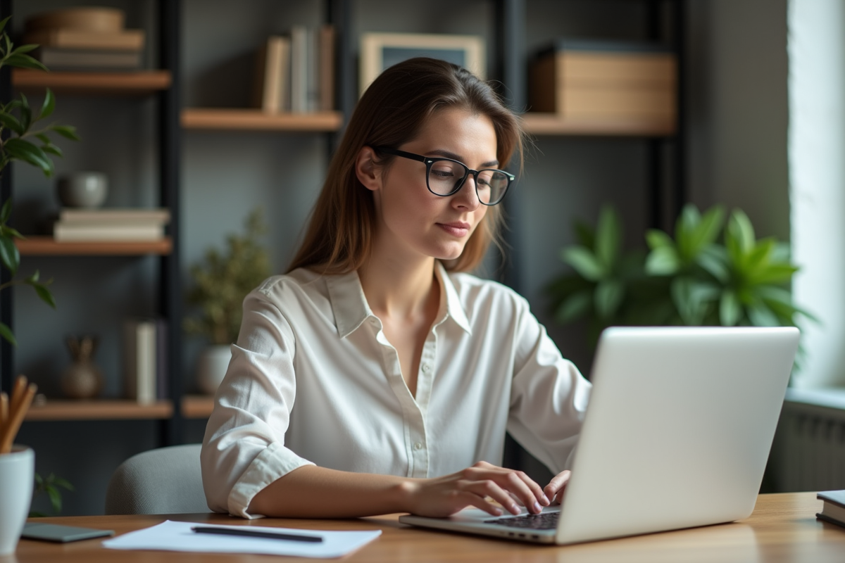 Femme concentrée travaillant sur son ordinateur dans un bureau moderne