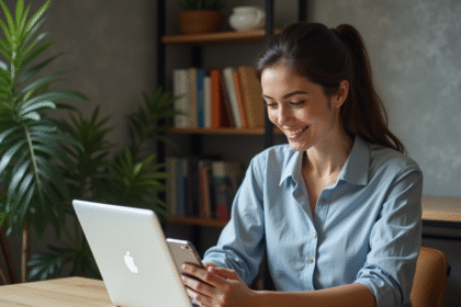 Jeune femme au bureau avec ordinateur portable et OneDrive