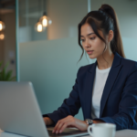 Jeune femme au bureau utilisant un ordinateur pour solutions cloud
