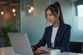 Jeune femme au bureau utilisant un ordinateur pour solutions cloud