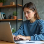 Jeune femme au bureau utilisant un ordinateur pour conversion de documents