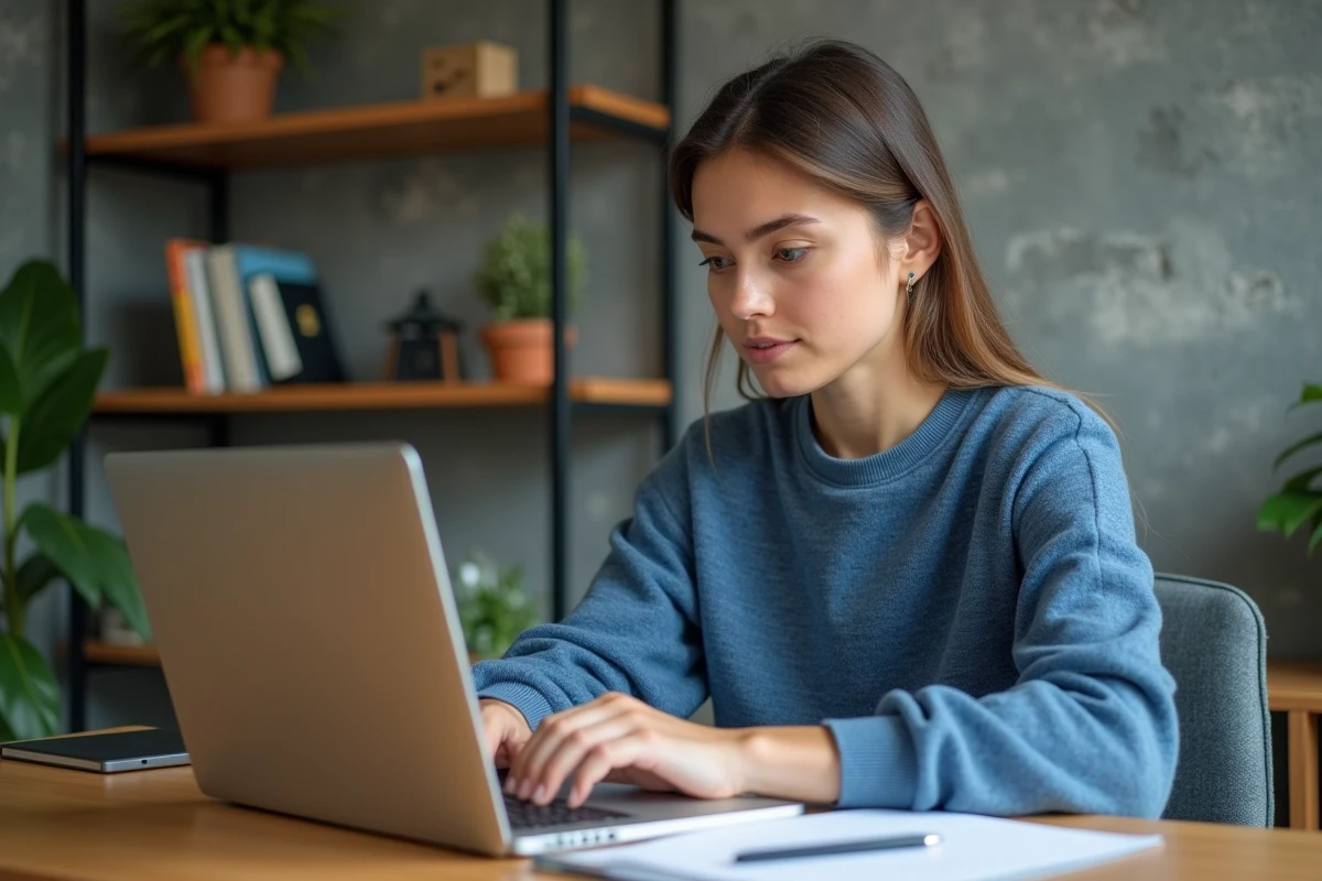Jeune femme au bureau utilisant un ordinateur pour conversion de documents