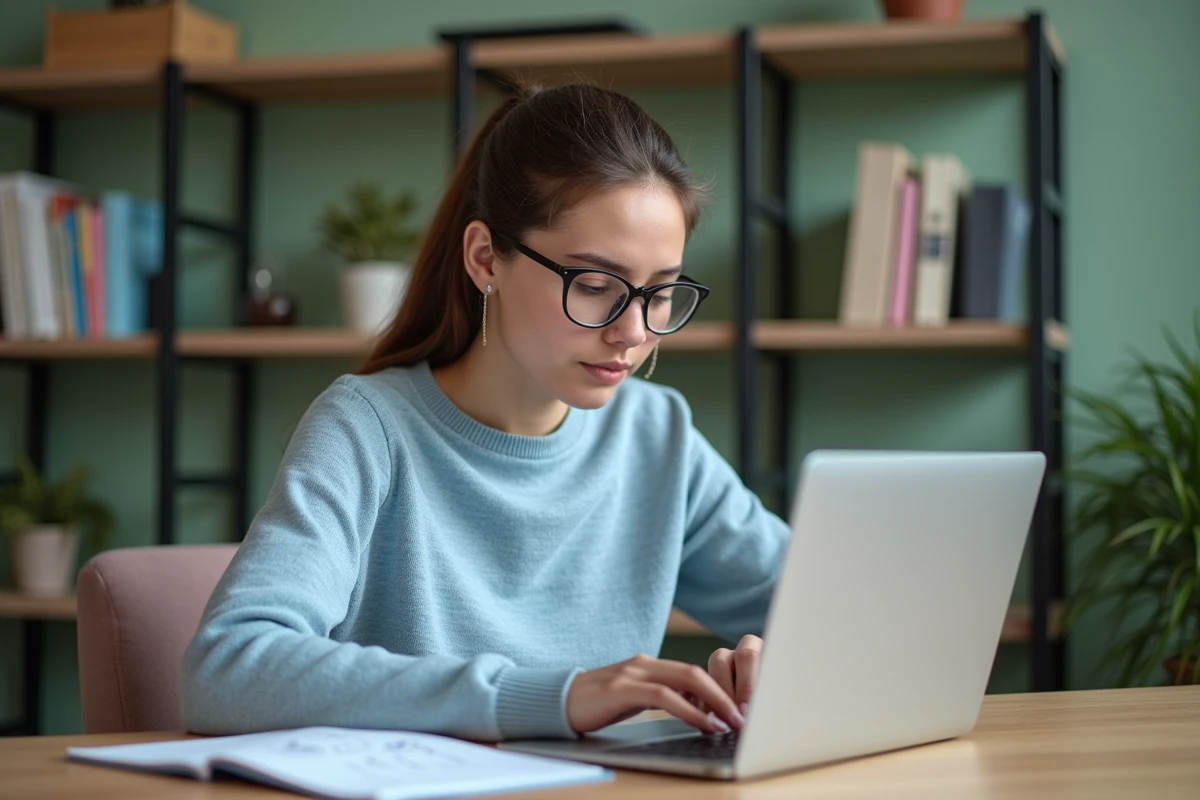 Jeune femme en bureau cosy regardant son ordinateur