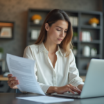 Jeune femme concentrée avec document PDF au bureau