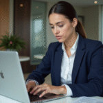 Jeune femme au bureau utilisant la reconnaissance d'empreinte