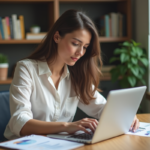 Jeune femme au bureau avec ordinateur et notes SEO