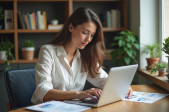 Jeune femme au bureau avec ordinateur et notes SEO