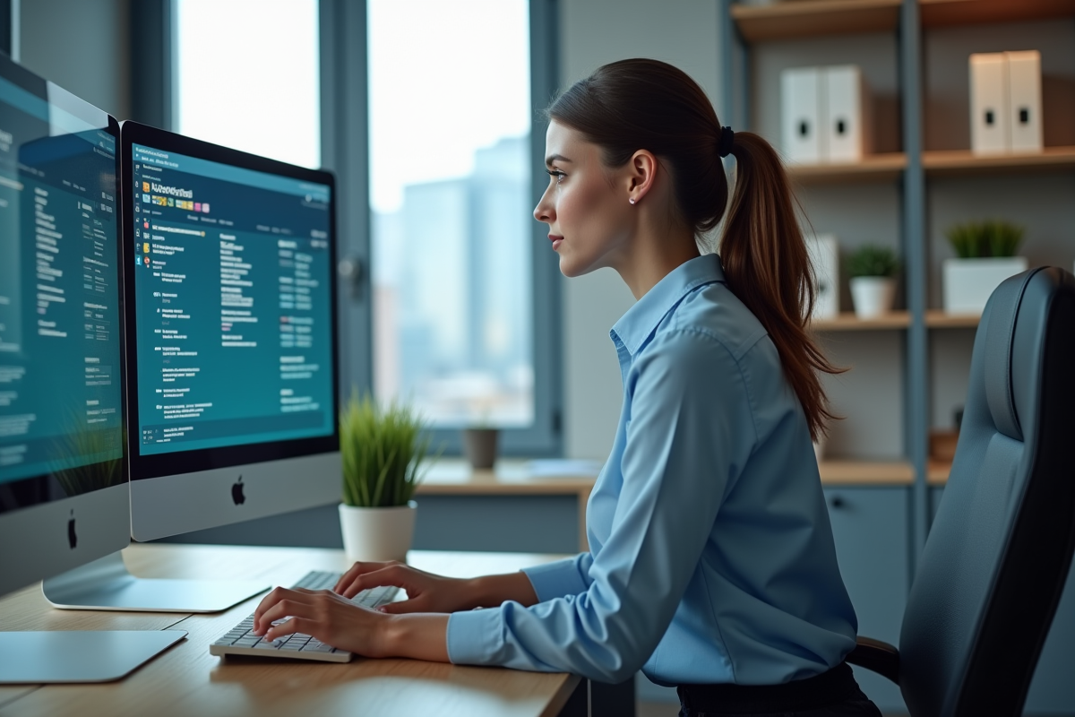 Femme en tenue professionnelle analysant des interfaces webmail au bureau