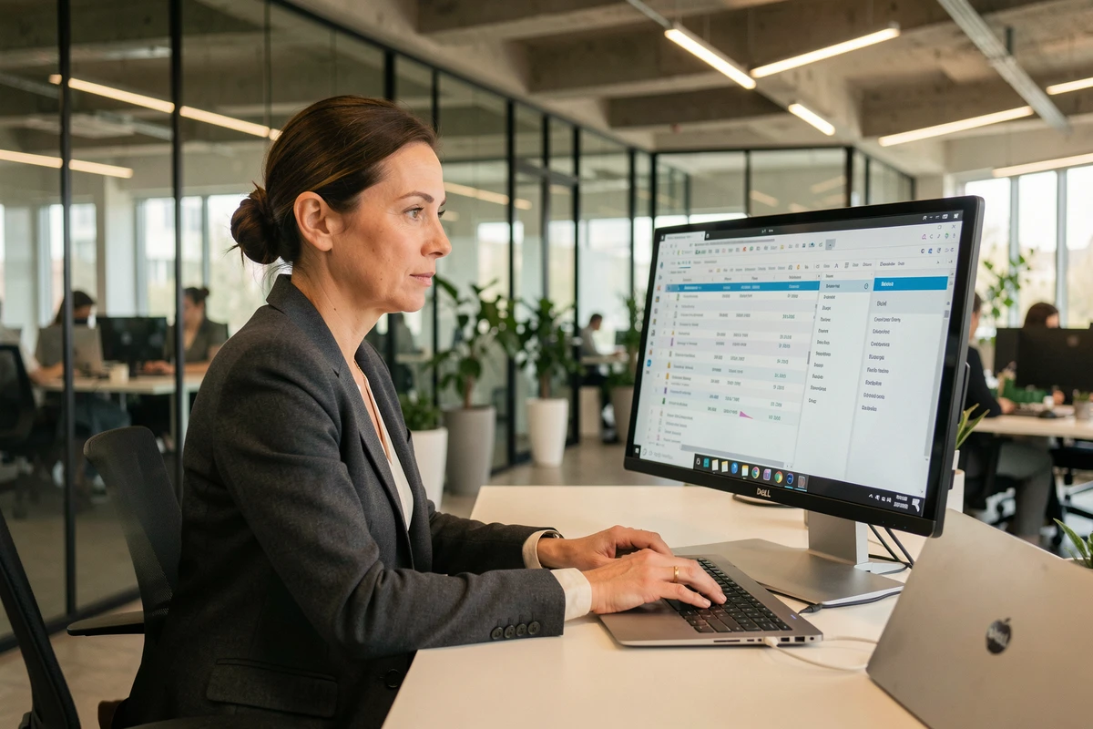 Femme cadre utilisant un ordinateur Dell dans un bureau moderne en open space