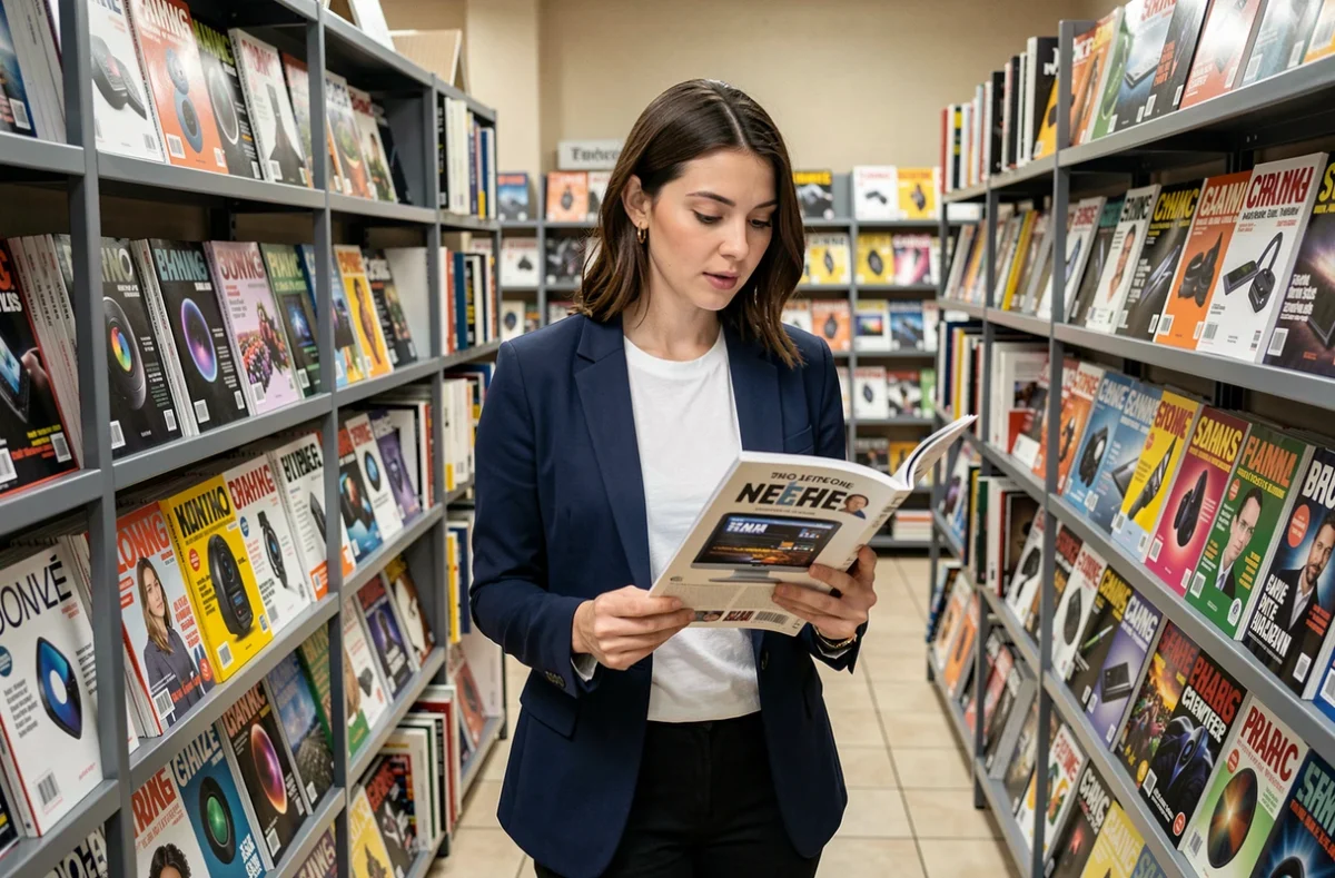 Une femme choisit un magazine informatique dans un présentoir de librairie rempli de revues tech et micro-informatique