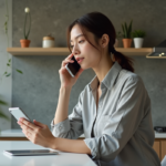 Jeune femme parlant au smartphone dans une cuisine moderne