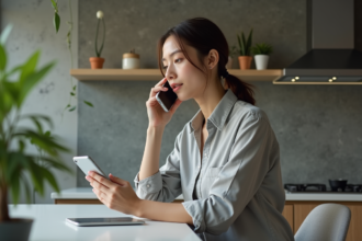 Jeune femme parlant au smartphone dans une cuisine moderne