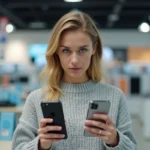Femme comparant deux smartphones dans un magasin d'électronique, hésitant entre deux modèles