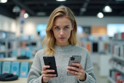 Femme comparant deux smartphones dans un magasin d'électronique, hésitant entre deux modèles