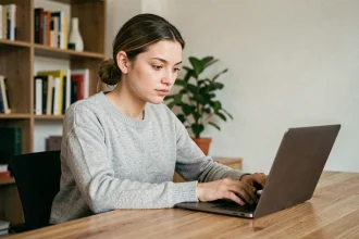 Jeune femme comptant des caractères sur son ordinateur portable pour respecter les limites des réseaux sociaux
