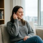 Jeune femme détendue portant écouteurs bluetooth dans un salon moderne