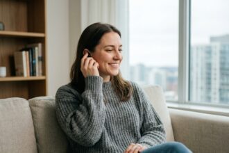 Jeune femme détendue portant écouteurs bluetooth dans un salon moderne