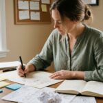 Femme créant un storyboard à la main sur un bureau en bois couvert de notes et de croquis pour préparer une vidéo