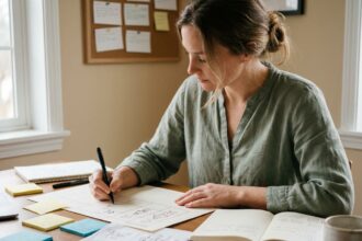 Femme créant un storyboard à la main sur un bureau en bois couvert de notes et de croquis pour préparer une vidéo