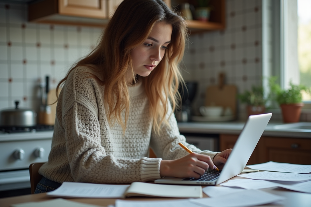 Jeune femme travaillant sur tablette dans la cuisine