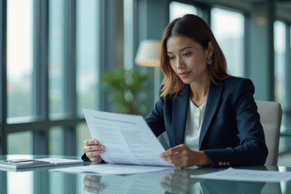 Femme d'affaires en costume navy examine un rapport de securite des donnees