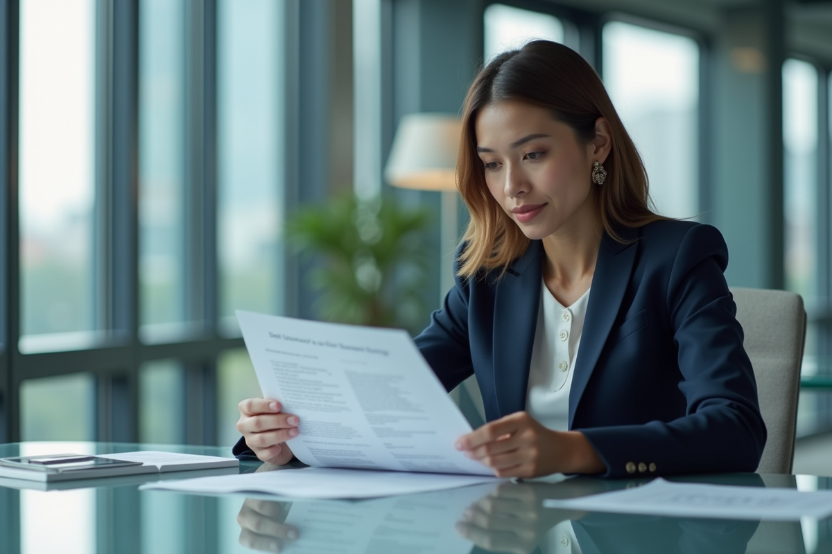 Femme d'affaires en costume navy examine un rapport de securite des donnees