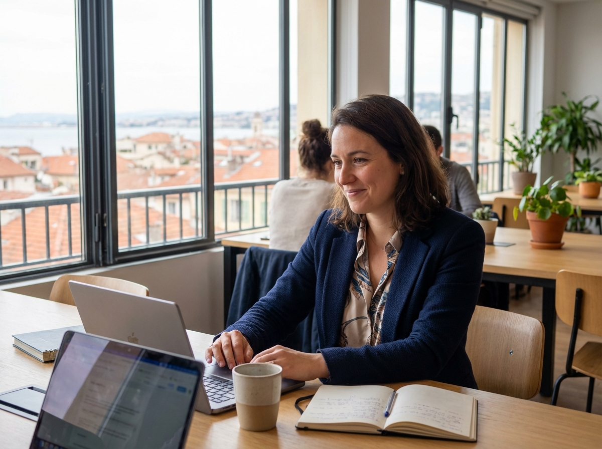 Femme développeuse souriante dans un espace de travail lumineux à Nice