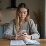 Jeune femme configure une eSIM dans sa cuisine moderne