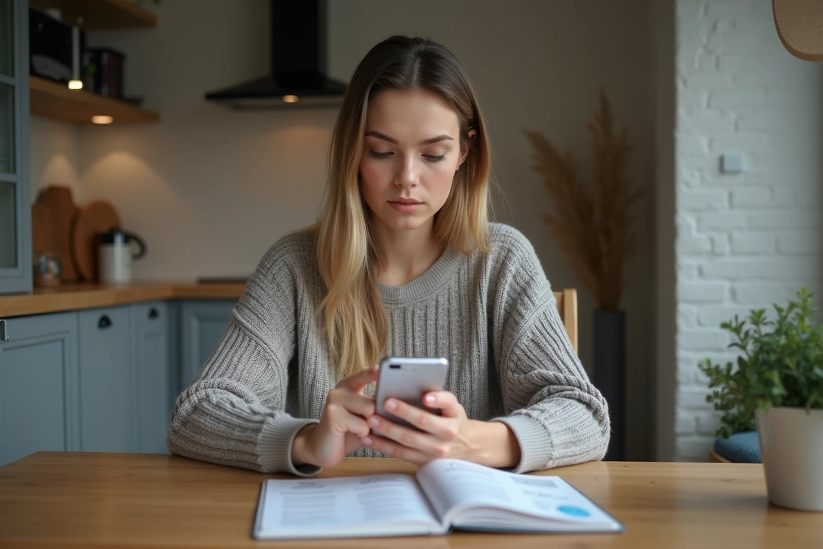 Jeune femme configure une eSIM dans sa cuisine moderne