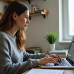 Femme exportant ses marques-pages Firefox sur un ordinateur portable dans un bureau à domicile