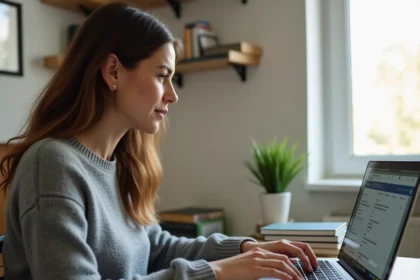 Femme exportant ses marques-pages Firefox sur un ordinateur portable dans un bureau à domicile