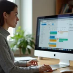 Femme utilisant l'interface Zimbra sur un ordinateur de bureau pour filtrer et classer ses emails dans un bureau universitaire