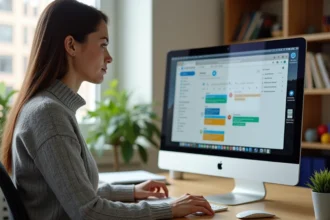 Femme utilisant l'interface Zimbra sur un ordinateur de bureau pour filtrer et classer ses emails dans un bureau universitaire