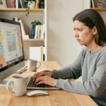Femme frustrée devant un MacBook Pro incapable de taper le point d'exclamation sur son clavier