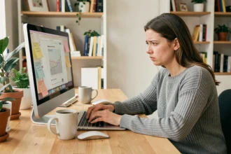 Femme frustrée devant un MacBook Pro incapable de taper le point d'exclamation sur son clavier