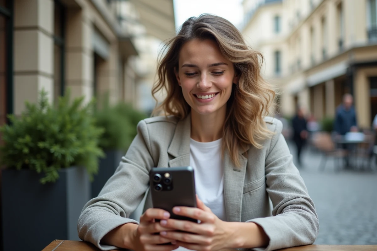 Femme utilisant l'appareil photo IA d'un smartphone Google Pixel 8 Pro en terrasse de café à Paris