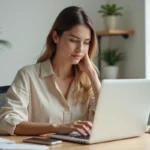 Jeune femme utilisant Google Traduction sur ordinateur portable et smartphone à son bureau