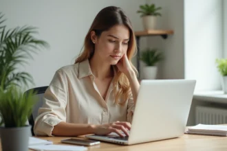 Jeune femme utilisant Google Traduction sur ordinateur portable et smartphone à son bureau