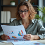 Femme comparant des graphiques colorés dans un bureau moderne