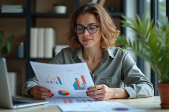 Femme comparant des graphiques colorés dans un bureau moderne